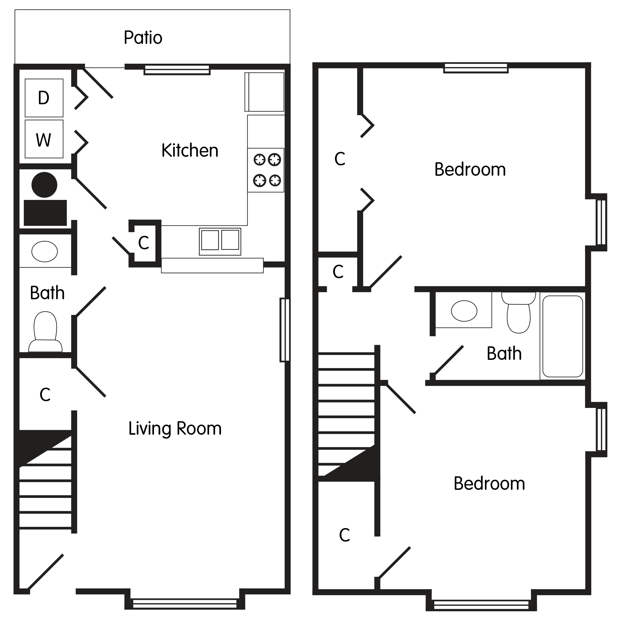 Floor plan for 2 beds, 1.5 baths, 900 sqft